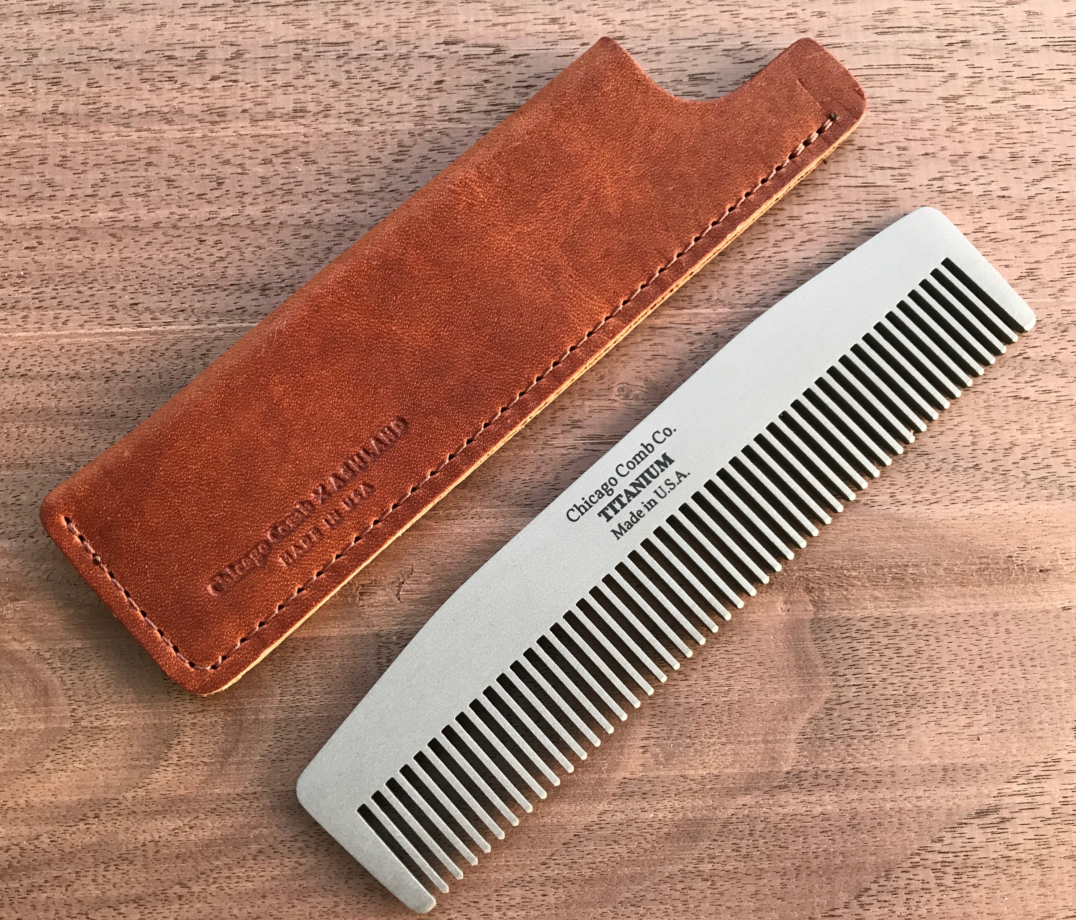 Titanium Beard Comb With Leather Storage Case. Titanium Edc. 